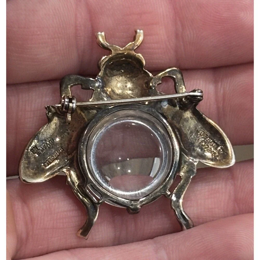 Vintage Trifari Jelly Belly Brooch Sterling Silver Fly Bee Bug Insect Green Eyes